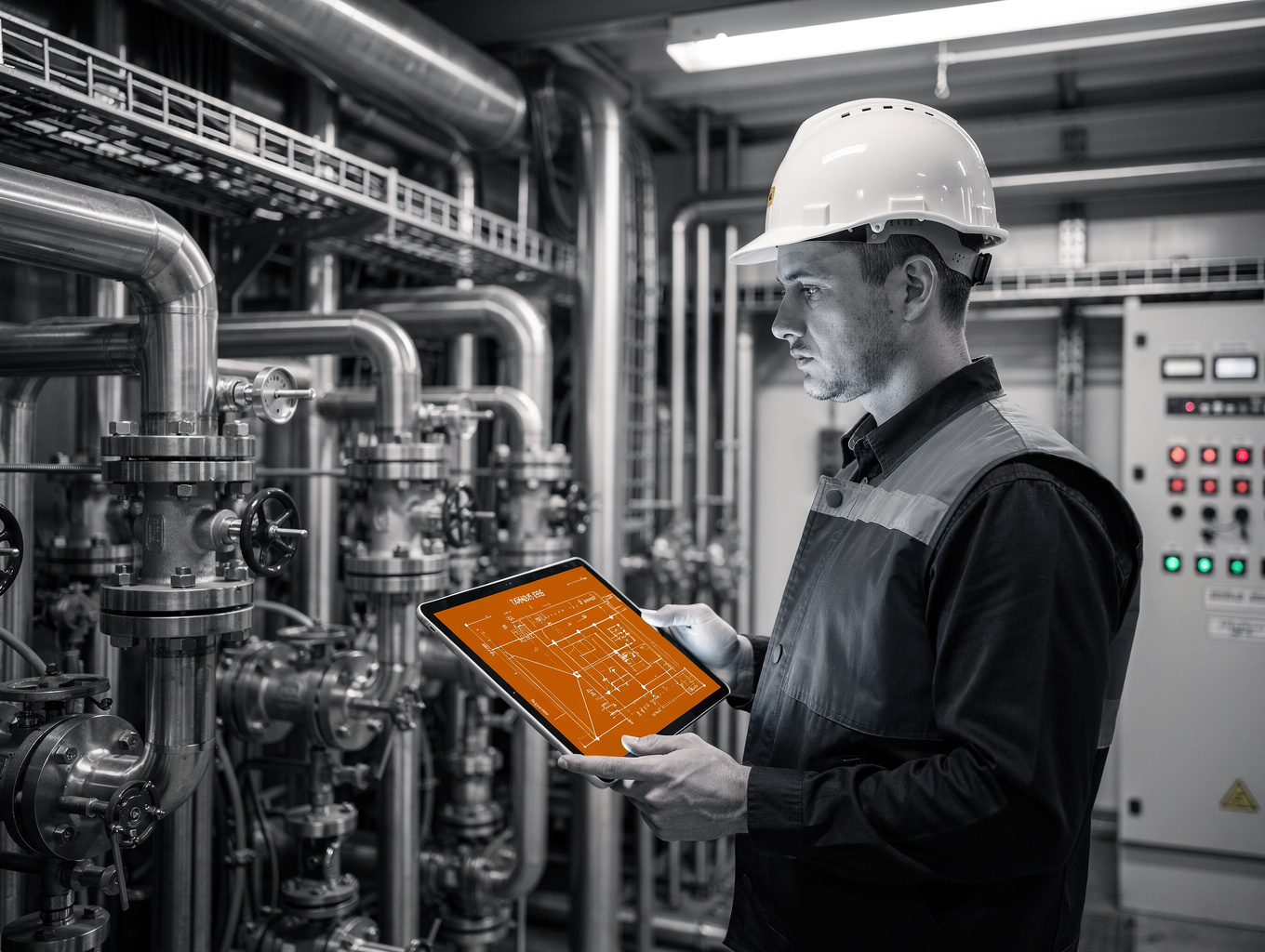 Engineer conducting a technical site assessment at a large-scale industrial facility