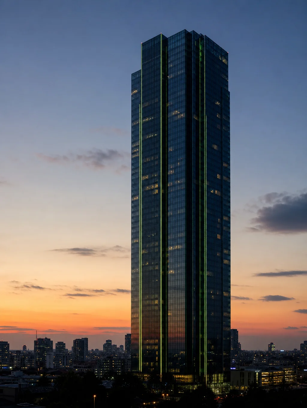 Modern architectural project featuring sustainable urban design and glass facade at dusk